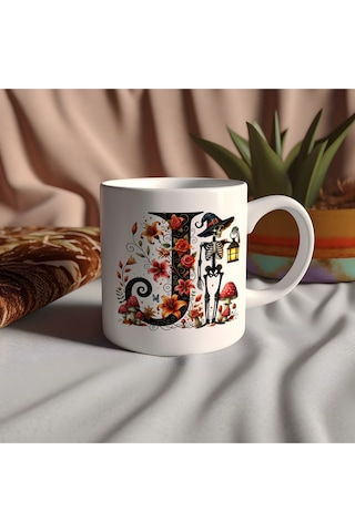 J Harfi Şapkalı İskelet Figürlü Ve Çiçekli Kupa Bardak - Cadılar Bayramı / Halloween Özel Hediye 07 Beyaz