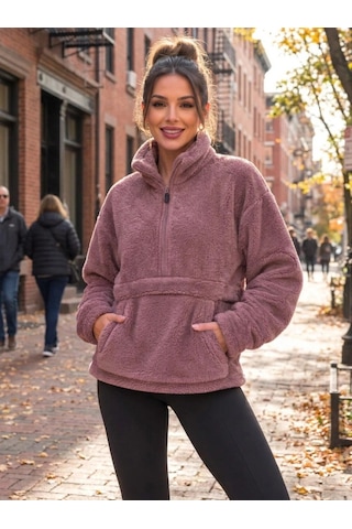 DefyModa Kadın Yarım Fermuarlı Kanguru Cepli Peluş Wellsoft Sweatshirt Gülkurusu