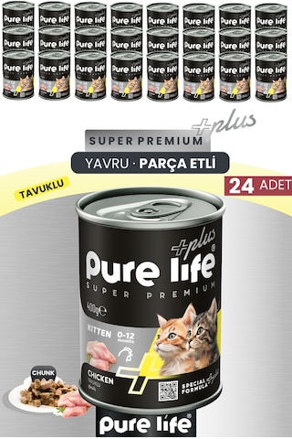 Pure Life Plus 24'lü Tavuklu Yavru Puppy Kedi Konserve Chunk Parça Etli Yaş Mama 400 G