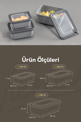Vienev 3'lü Vip Dikdörtgen Mikrodalga Ve Difrize Uygun Saklama Kabı Seti Gri 1x 1750,1050,600 Ml Antrasit