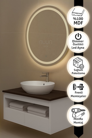 Aurora 60cm Banyo Dolabı Seti Yuvarlak Led'li Dokunmatik Ayna + Mdf Lavabo Dolabı + Seramik Lavabo Beyaz - Ceviz