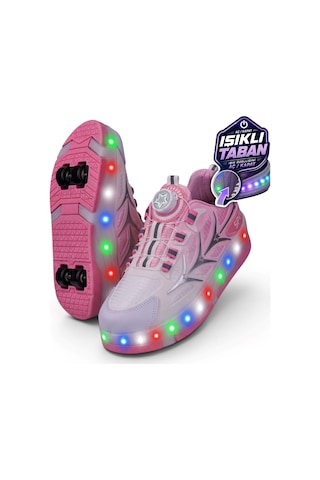 Nstil Unisex Yetişkin Çocuk Spor Ayakkabı Akıllı Bağcıklı Çıkarılabilen Patenli Işıklı Sneaker 003 Pembe