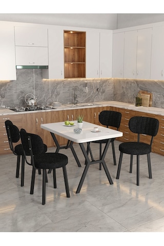 Azra 70x110cm Beyaz Mutfak Masası, Mutfak Masası Takımı, Yemek Masası, 4 Siyah Sandalye Siyah