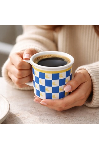 Dyris 8 Cm Porselen Kahve Kupası Mavi Kare Desenli, Americano & Filtre Kahve Fincanı Mavi - Beyaz Dyris 8 Cm Porselen Kahve Kupası Mavi Kare Desenli, Americano & Filtre Kahve Fincanı Mavi - Beyaz
