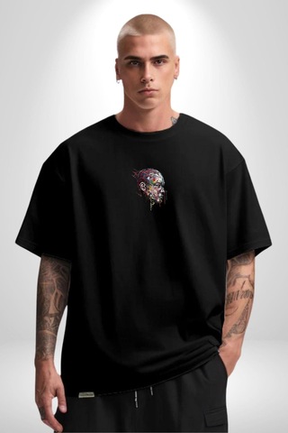 İnsan Kafası Sulu Boya Siyah Oversize Unisex Ön Orta Minimal Baskılı Tişört Siyah