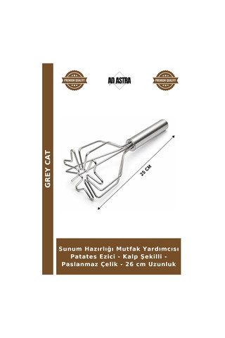 Sunum Hazırlığı Mutfak Yardımcısı Patates Ezici - Kalp Şekilli - Paslanmaz Çelik - 26 Cm Uzunluk