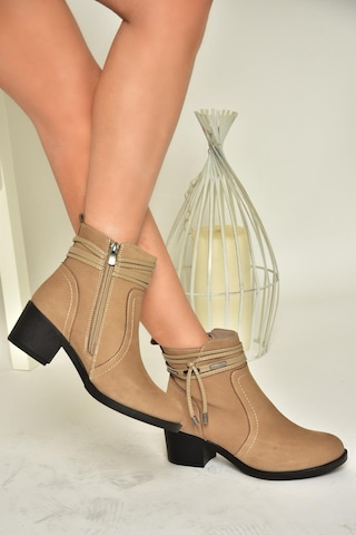 Fox Shoes T555703303 Vizon Hakiki Deri Kalın Topuklu Kadın Bot Vizon