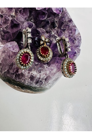 Gümüş Set Takım 1 Çift Küpe Ve 1 Kolye Yakut Ve Zirkon Taşlı