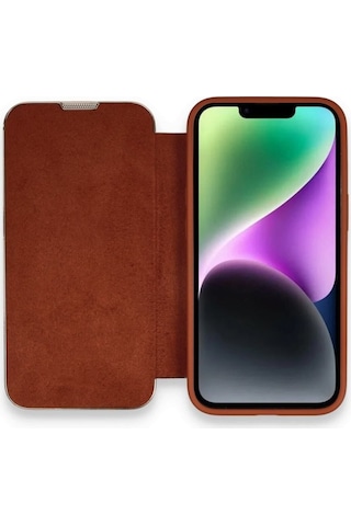 Apple Uyumlu iPhone 12 Pro Kapaklı Kılıf Parmak Izi Bırakmaz Dışı Deri Içi Süet Tasarım Kahverengi