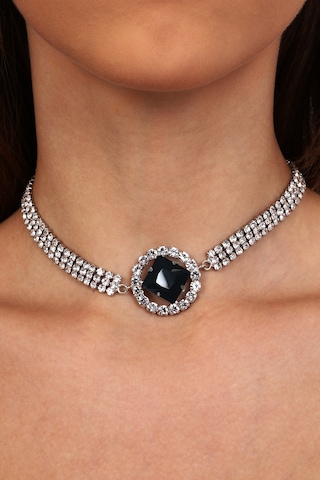 Kadın Siyah Oval Model Zirkon Taşlı Gümüş Abiye Kolye Choker Çok Renkli