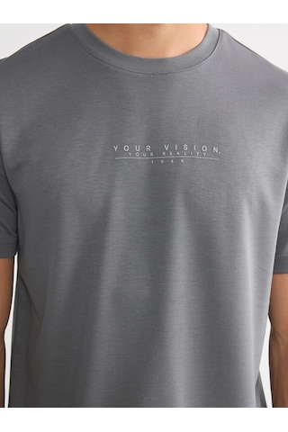 LC Waikiki Lcwaıkıkı Classic Gri Bisiklet Yaka Baskılı Erkek Penye Tişört Dark Grey