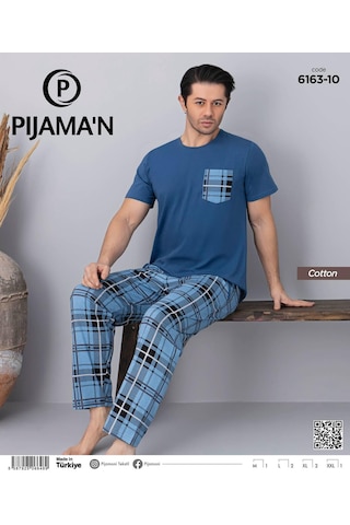 Pijamoni Erkek Bisiklet Yaka Kısa Kol İnce Pijama Takımı 6163/10 - 1 Adet Mavi