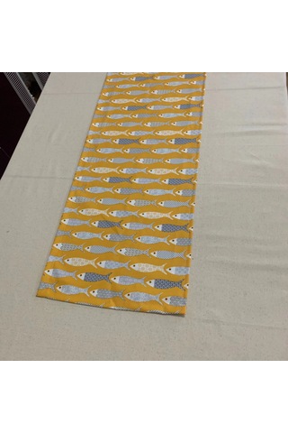 Alaçatı Balık Desenli Runner, Duck Kumaş Runner, Su Ve Leke İtici Dayanıklı, Modern Tasarım 40x150 Sarı