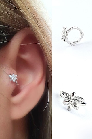 Zirkon Taş Detaylı 925ayar Gümüş Tragus Helix Minimal Tek Kıkırdak Küpe 09922213