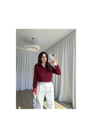 Rabia Çelik Kadın Bordo Düğmeli Saten Gömlek Bordo Bordo