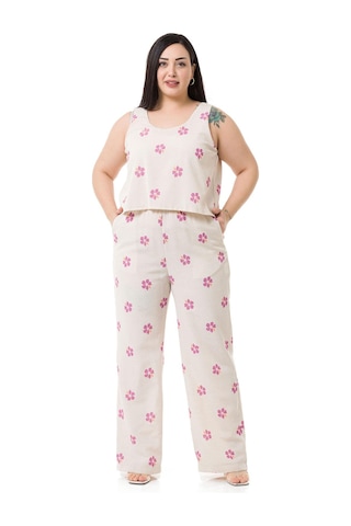 Büyük Beden Kalın Askılı Fermuarlı Beli Lastikli Pembe Çiçekli Kadın Tulum