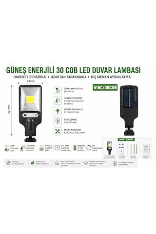 Güneş Enerjili 30 Cob Led Duvar Lambası Hareket Sensörlü Uzaktan Kumandalı Ip65 Su Geçirmez Dış Mekan Bahçe Aydınlatma 1