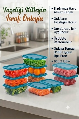 Piev 10 Parça Sızdırmaz Hava Almaz Gıdaya Uygun Bpa İçermez Dondurucu Buzdolabı Saklama Kabı Şeffaf