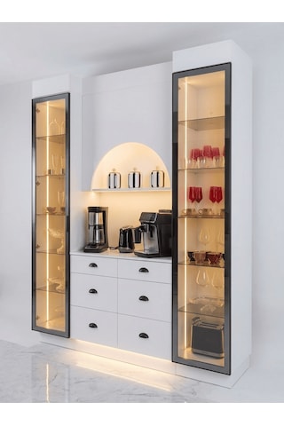 Lüks High Gloss Mutfak Dolabı & Kahve Köşesi Mdf Gövde, Led Aydınlatmalı, 6 Çekmeceli 190x230 Beyaz