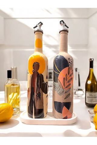 El Yapımı Dekoratif Yağdanlık, Afro Kadın Ve Tropikal Yaprak Desenli Zeytinyağı, Sirkelik, Sosluk Se Barok