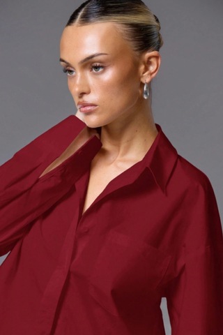 Tarz Cool Kadın Oversize Gömlek Uzun Kollu Basic Salaş Kesim Poplin Trend Şık Günlük Gömlek Bordo