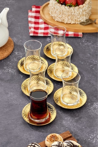 Cooker 6'lı Metal Dövme Desen Çay Tabağı Gold Ckr3579 Gold