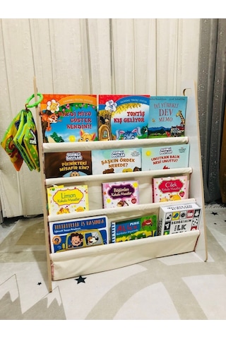 Montessori Çocuk Bebek Odası Taşınabilir Eğitici 4 Raflı Bez Kumaş Kitaplık Krem