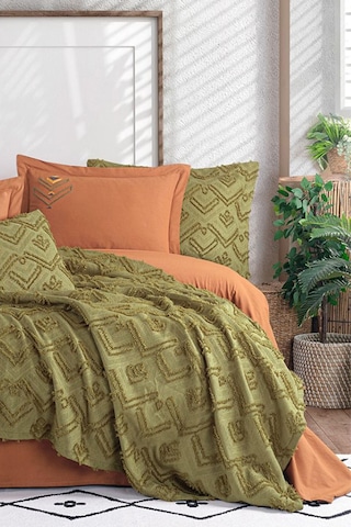 İyi Geceler İstanbul Aztec Haki Çift Kişilik %100 Pamuk Yatak Örtüsü Seti Haki