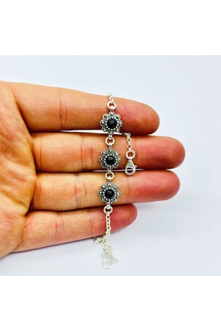 Oltu Taşı Ve Gül Markazit Model 925 Ayar Gümüş Bileklik Gümüş  - Siyah
