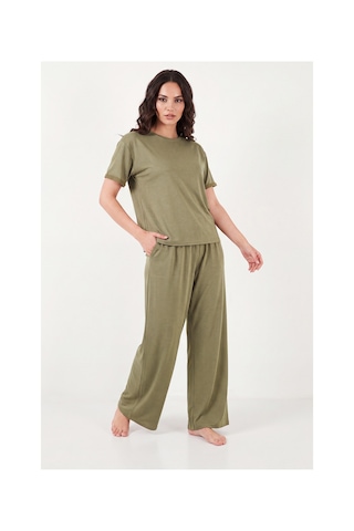 Lela Yumuşak Dokulu Bisiklet Yaka Lastikli Bel Kısa Kollu Pijama Takımı Bayan Pijama Takımı 65720102 Haki