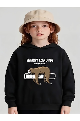 Uyguntarz Tembel Animal Baskılı Oversize Çocuk Sweatshirt Siyah