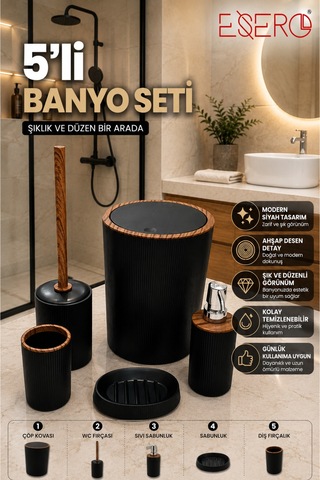 351 Siyah Lüks 5'li Banyo Seti Siyah Ahşap Desenli Çöp Kovası Wc Fırçası Sabunluk Diş Fırçalık Sıvı Sabunluk Modern Banyo Aksesuar Takımı