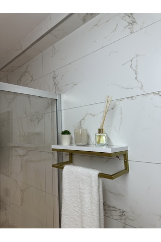lyla concept Fulya Banyo Ahşap Raflı Gold Metal Havlu, Şal Askılık Beyaz Raf Gold