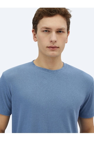 Kip Havacı Mavi Düz Bisiklet Yaka Pamuk Karışımlı T-shirt Havacı Mavi