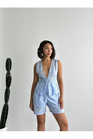 Verymoda Nakışlı Vual Şort D2821 Mavi