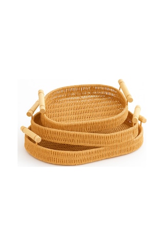 Natura - 3'lü Oval Rattan Hasır Servis Ve Sunum Tepsisi Seti Ahşap Saplı Dekoratif Tepsi Bej