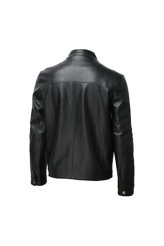 Hakiki Kuzu Derisi Fermuarlı Dik Yaka Erkek Mont Siyah