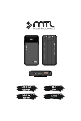 10000 Mah 22.5w Süper Hızlı Şarj Dahili Kablolu Dijital Led Göstergeli Pd Ve Qc 3.0 Powerbank Mt4310 Siyah