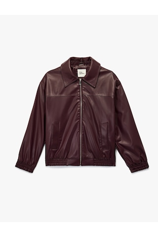 Koton Klasik Yaka Cepli Fermuarlı Suni Deri Oversize Bomber Ceket Bordo 6wal20150ıw Bordo