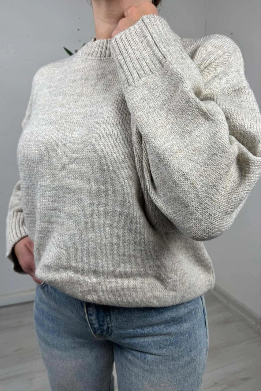 Explode - Kadın Bej Bisiklet Yaka Oversize Triko Kazak Bej