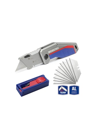 Workpro Wp211012 Ağır Hizmet Alüminyum Gövde Katlanır Rötuş Maket Bıçağı + 10 Adet Yedek Bıçak Fr Wp211012
