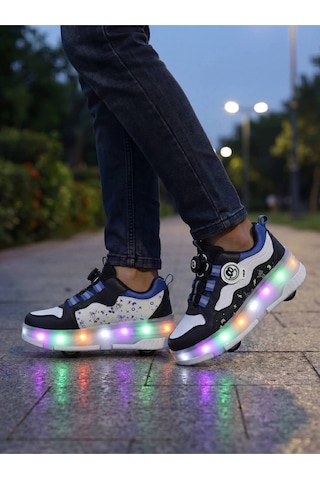 Patenli Işıklı Spor Ayakkabısı & Tekerlekli Sneakers Siyah-sax