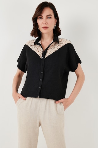 Lela Dantelli Relaxed Fit Kısa Kollu Bayan Gömlek 5865764 Siyah