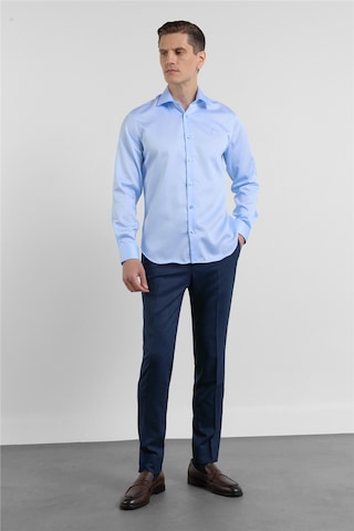 İmza Mavi Saten İtalyan Yaka Uzun Kol Cepsiz Slim Fit Pamuk Gömlek 1004255231 L