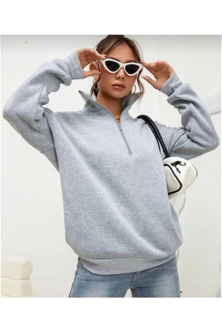 Etiler Collection Unisex Uzun Kol Yarım Farmuarlı Yakalı Basic Sweatshirt - Gri