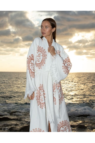 Befera Müslin Kimono Pamuklu Güneş Baskılı Desenli Bornoz Kaftan Sabahlık Ekru