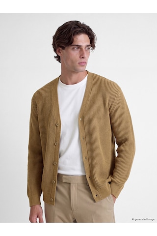 Lcw Vision Bej Regular Fit V Yaka Fitilli Erkek Triko Hırka
