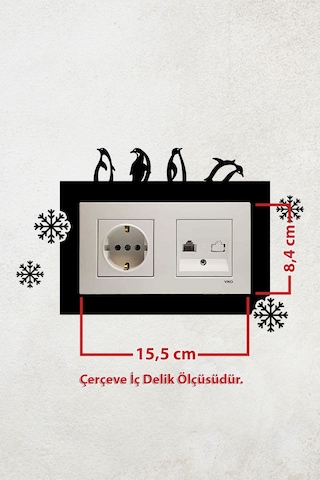 Penguen Ve Kar Tanesi Tasarımlı 2li Priz Çerçevesi İç Ölçü 15,5x8,4 Cm Dekoratif Priz Çerçeve Süsü Siyah
