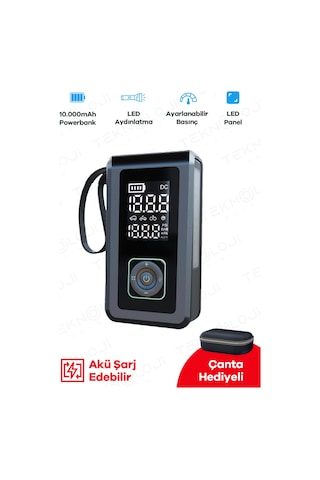 Taşınabilir Araç Pompası 10.000mah Akü Şarj Eden Otokompresör Elfeneri Powerbank Çanta  3in1