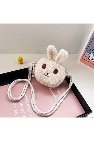 Bej Kawai Küçük Yumuşak Peluş Tavşan Çapraz Vücut Çanta Bebek Kız Bozuk Para Cüzdanı Çanta Çocuk Moda Omuz Çantaları Dışında Para Kartı Kesesi Bej